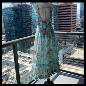 Maxi Spring Boho Dress in Tropical Bird Print Fabric Trimmed in Lace - Small